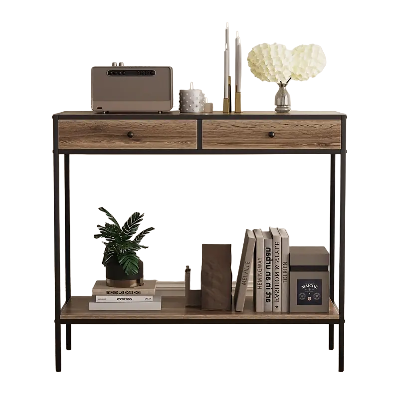 Brown Rectangular Living Room Entryway Table with Shelf and Two Drawers-0